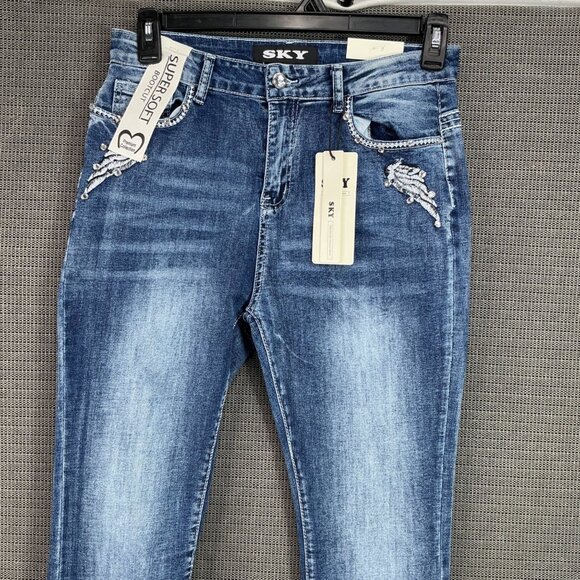 Sky Premium Women's Size 13 Blue Bootcut embellished Angel Wings Skull Jeans - Picture 6 of 12